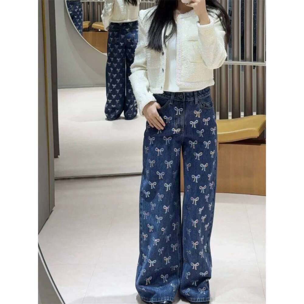 Women's Bow Hot Diamonds Jeans Zipper Fly Vintage 2025 Early Autumn Lady Denim Wide Leg Long Pants C260126 - view 5