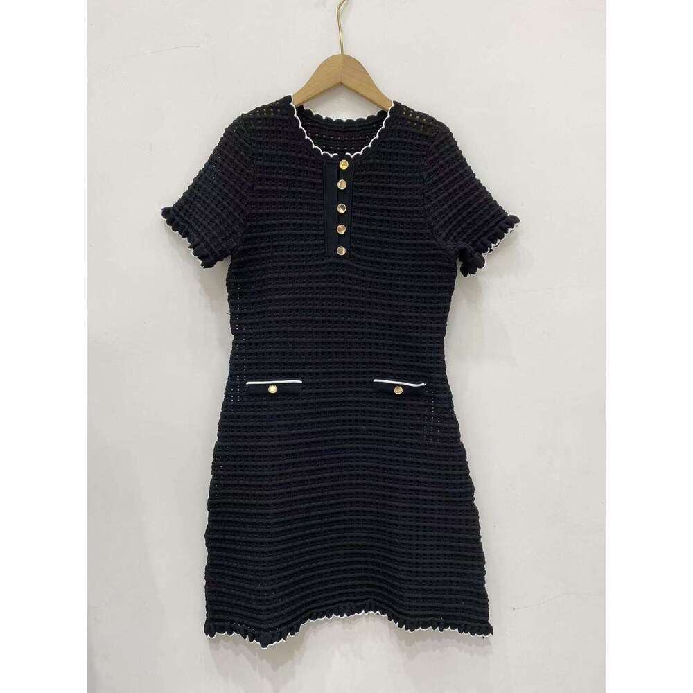 2026 Spring/Summer New French Elegant Style Wave Neck Short Sleeve Crochet Hollow Knitted Women's Dress