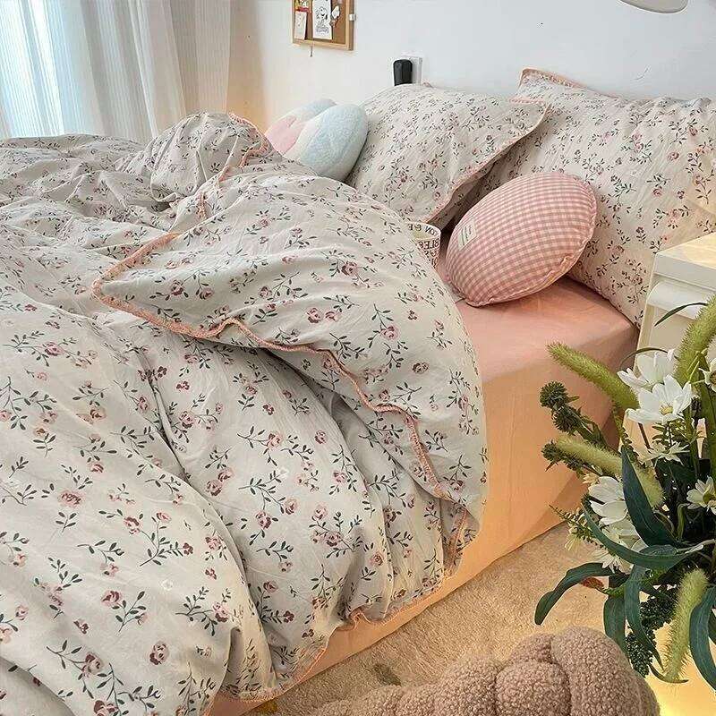 Bedding Girls Cherry Soft Washed Cotton Sheet Queen King Size Duvet Comforter Set Pillowcase Bed Linens Y260124