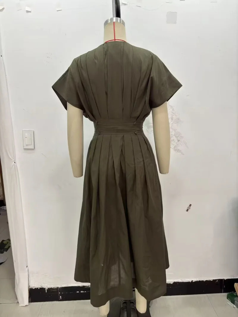 ETJ Summer 2025 womens elegant party dress Vintage Vneck fashion pleated laceup MIDI poplin 260120