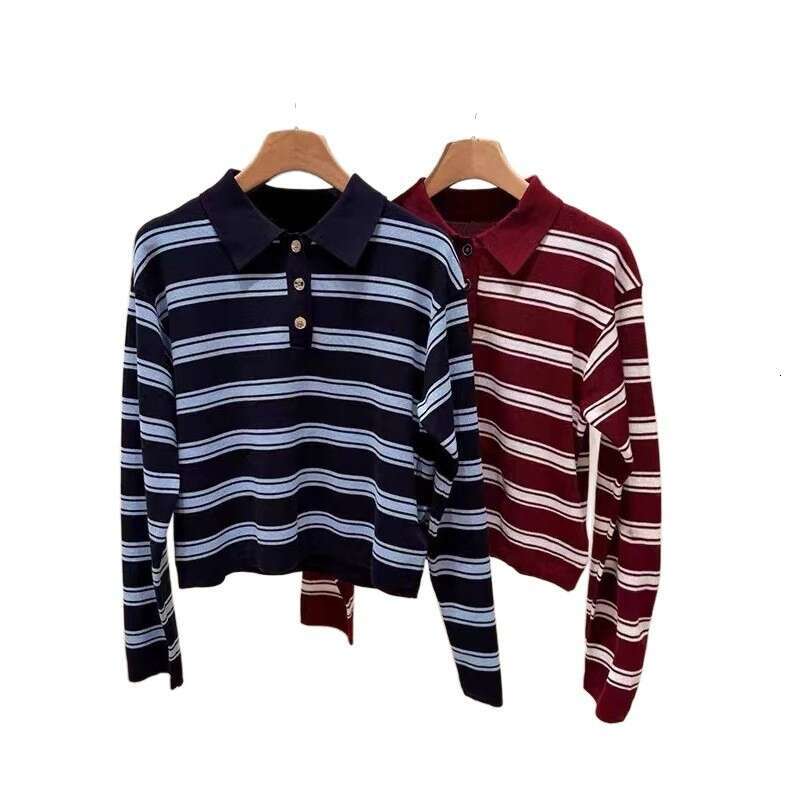 2026 Autumn/Winter New French Elegant Commuting Fashion Collar Casual Striped Knitted Sweater Top for Women