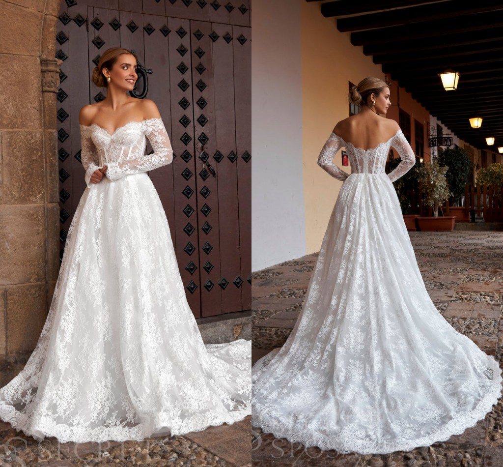 2026 Glamorous Lace A Line Wedding Dresses Sexy Off Shoulder Long Sleeves Corset Modern Bridal Gowns Sweep Train Zipper Back Bride Ceremony Dress Plus Size LG0801