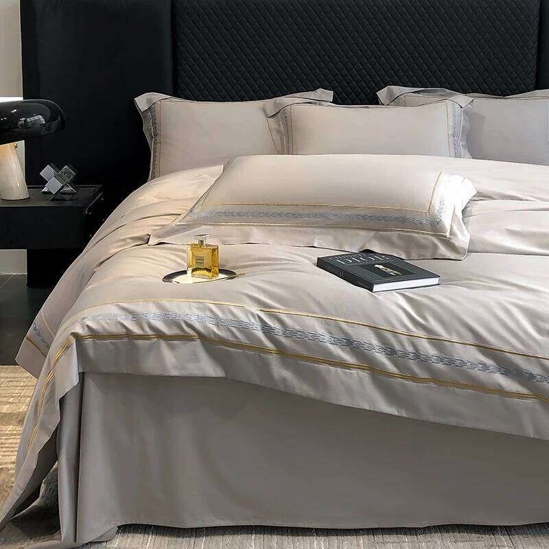Grey Egyptian Cotton Bedding Set Luxury Golden Stripe Embroidery Duvet Cover Sets Fitted Bed Sheet Pillowcases Home Textile Y260124