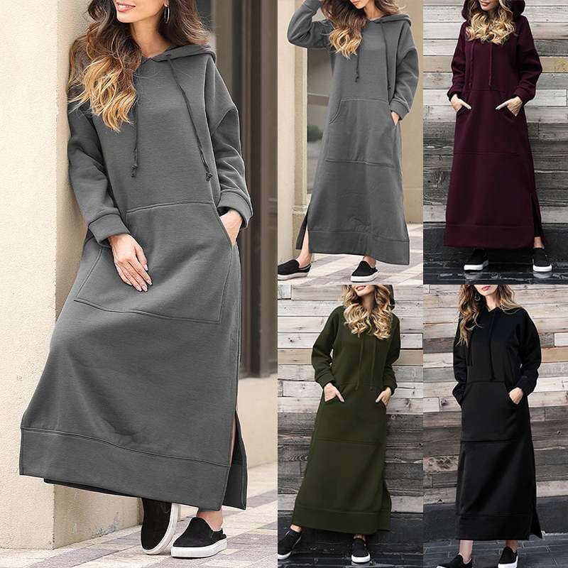Autumn and winter new loose plus size knitted hooded long wool sweatshirt, casual and fashionable dress with large pockets