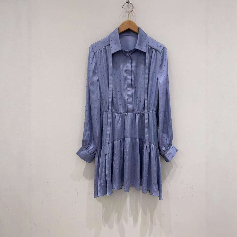 French elegance 2026 autumn new designer blue all rhinestone bow shirt collar dress