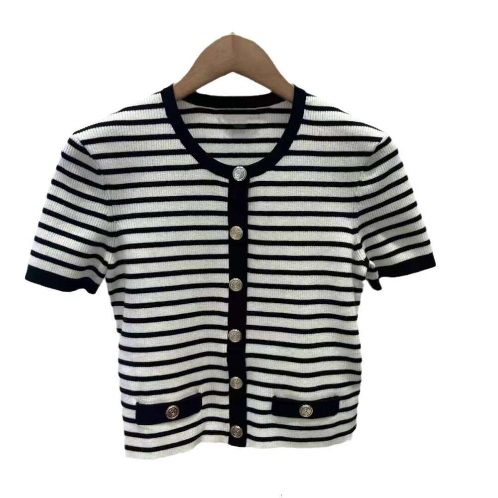 2026 Spring New Designer Black and White Striped Knitted Short Open Fleece Sweater for Women