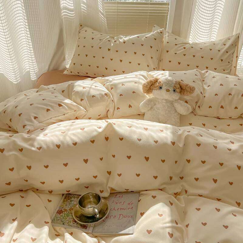 2025 Duvet Double Yarn Four-piece Set Class A Aerobic Knitted Cotton Printed Love Bed Cover Skin Friendly Breathable Bedding Y260124