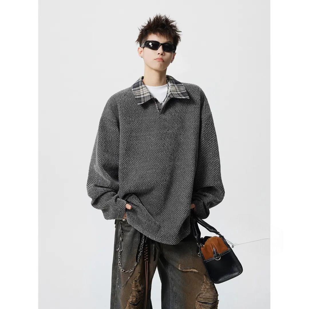 Designer Clothes Style Heavy Luxury Brand Knit Polo Collar Sweatshirt For Men American Retro Atmosphere Design Sense Outerwear