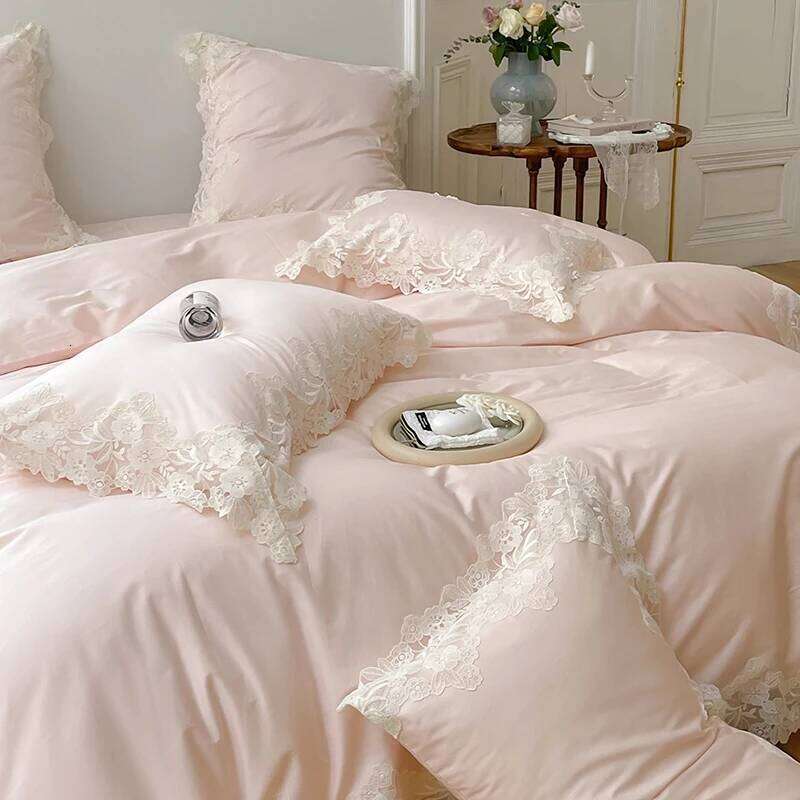 Light Pink Lace Embroidery Princess Bedding Set Luxury Egyptian Cotton Solid Color Quilt/Duvet Cover Bed Sheet Pillowcases Y260124