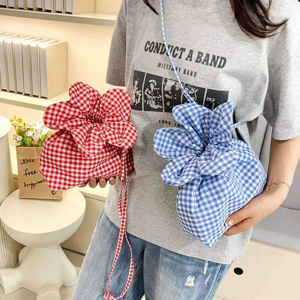 Cute Drawstring Portable Cloth Plaid Flower Crossbody Bundle Pocket Storage Ins Shoulder Bag Student XJ260125