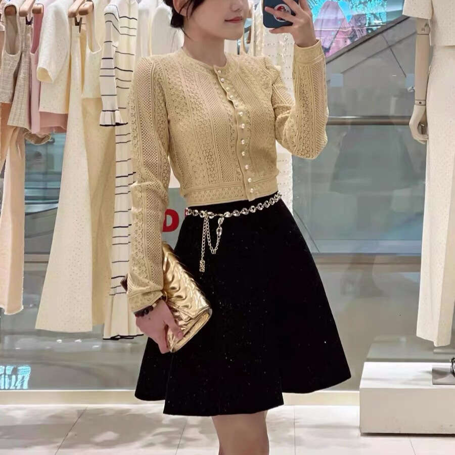 2026 Spring New French Elegant Designer Style Hollow Knitted Cardigan Jacket Women's Skirt Set