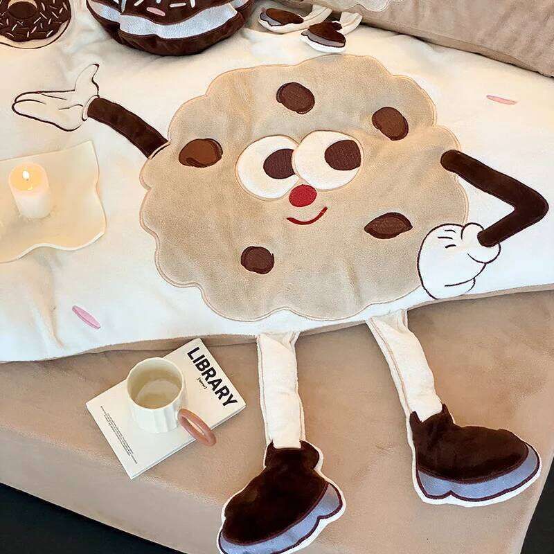 High End Three-dimensional Embroidered Milk Velvet Four Piece Set Cartoon Biscuit Pattern Winter Warm Duvet Cover Bed Sheet Y260124