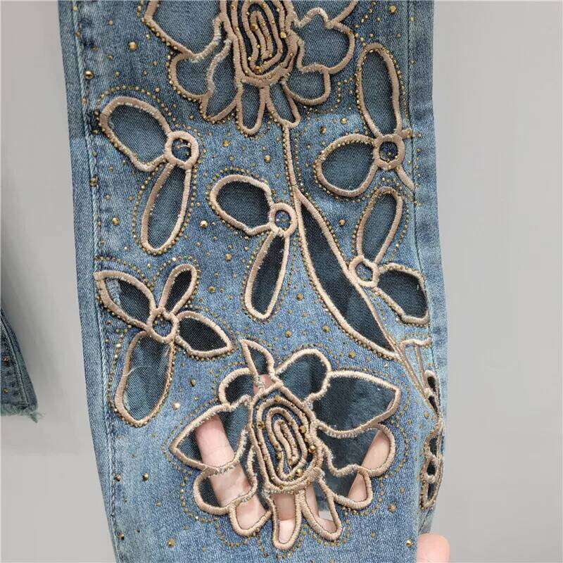 DEAT Women's Micro Flared Jeans High Waist Slim Hollow Out Diamonds Denim Ankle-Length Pants 2025 New Fashion Summer 29A1936 C260126 - view 7