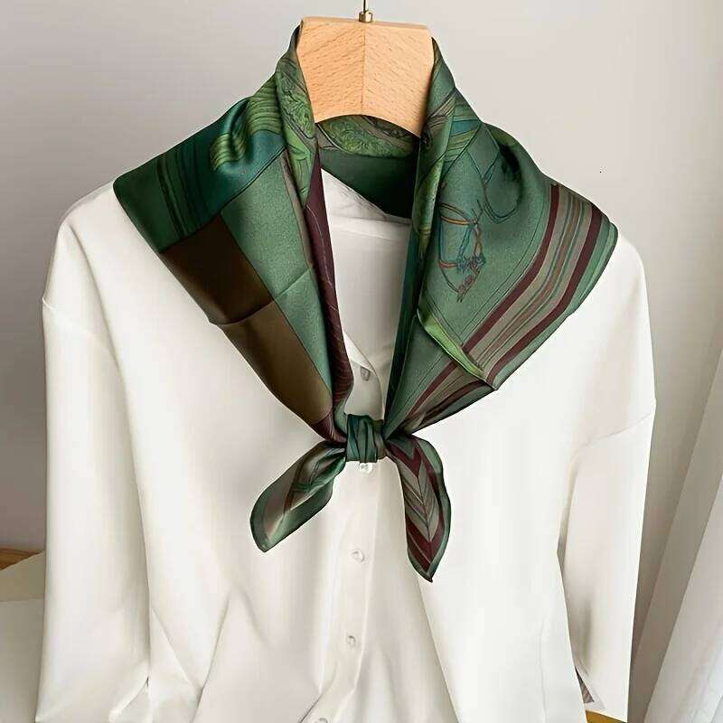 New Green Print Square Simulated Silk Thin Satin Neck Elegant Ladies Professional Decorative Small Scarf 26Y0126