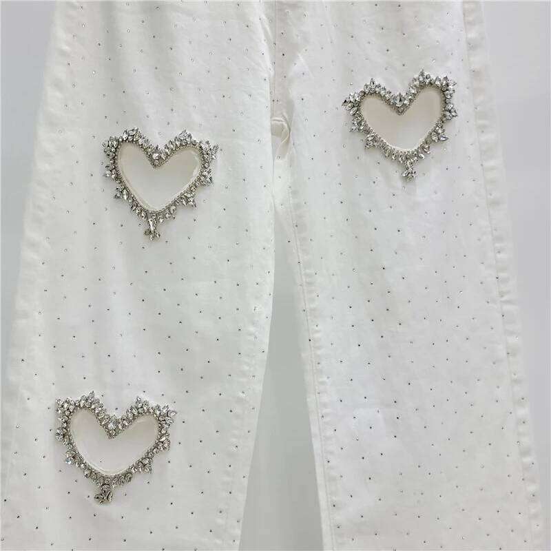 KBQ Solid Patchwork Diamonds Streetwear Jeans For Women High Waist Spliced Zipper Hollow Out Straight Denim Pants Female Autumn C260126 - view 7