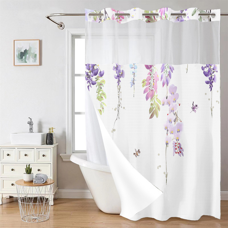 YL-38252 Digital Printed Double-Layer Large Ring Polyester Shower Curtain - Waterproof and Mildew-Proof, Floral Pattern Bathroom Curtain