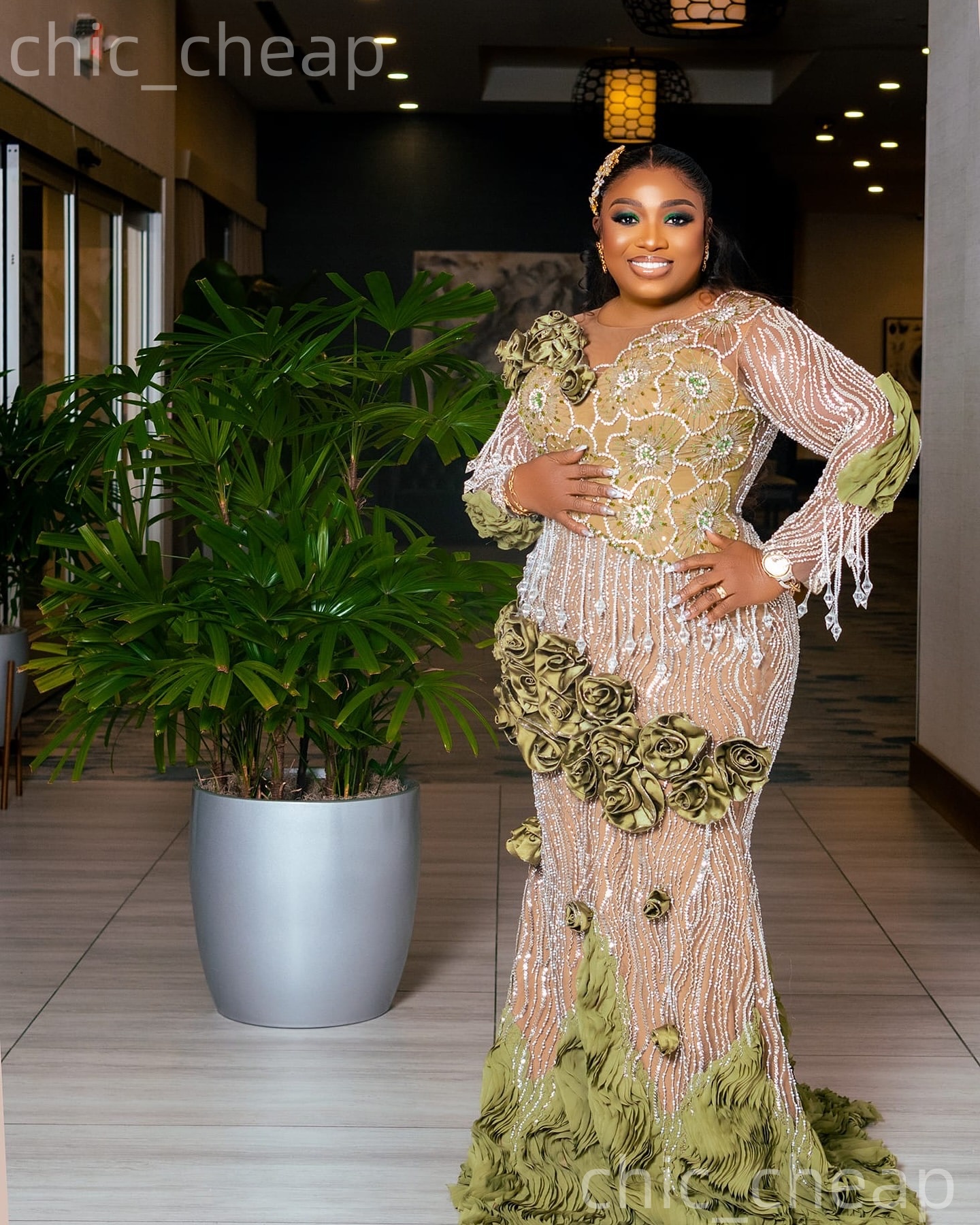 Aso Ebi Olive Green Mermaid Prom Dresses 2026 Flowers Beaded Sequined Illusion Evening Formal Party Second Birthday Engagement Gowns Dress For Special