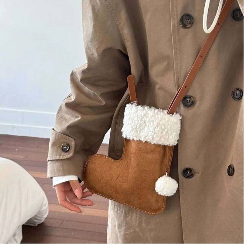 Sweet Korean Style Shoulder Faux Suede Lightweight Christmas Sock Fluffy Crossbody Bag Women XJ260125