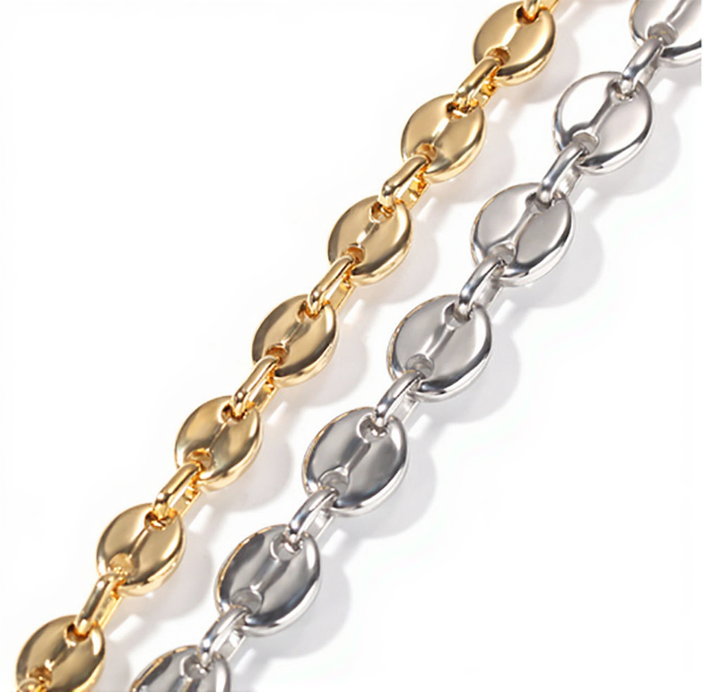 Men Woman 8MM 18K Gold Plated Stainless Steel Coffee Bean Oval Necklace Chain Marina Link Chain Bracelet Hip Hop Jewelry