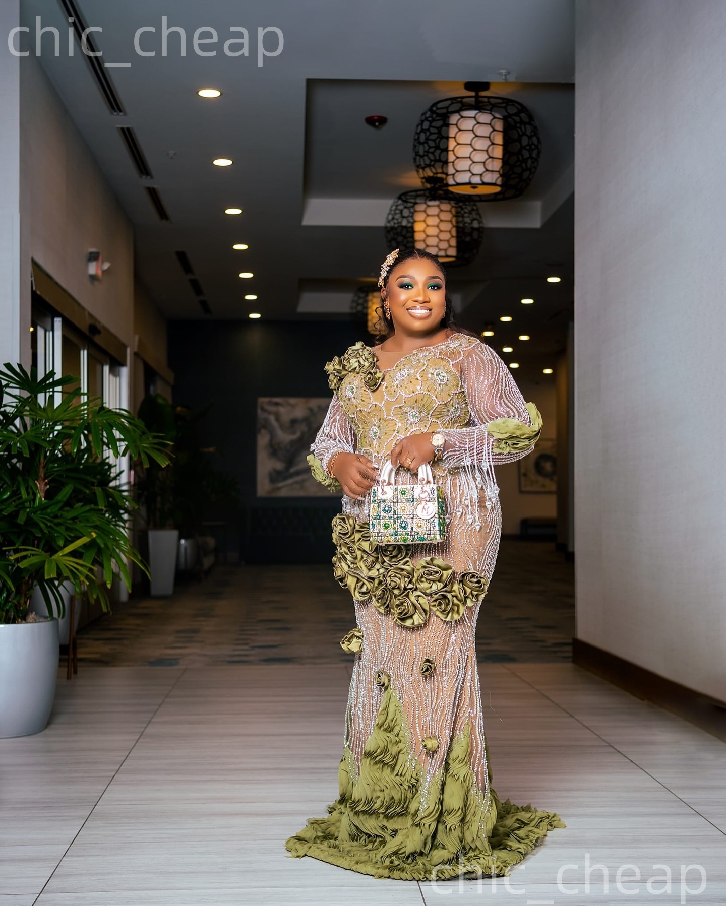 Aso Ebi Olive Green Mermaid Prom Dresses 2026 Flowers Beaded Sequined Illusion Evening Formal Party Second Birthday Engagement Gowns Dress For Special