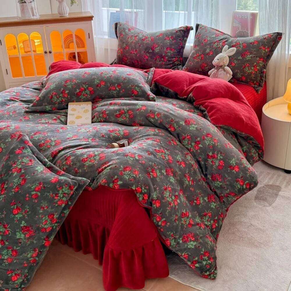 Thickened Milk Velvet Bedding Queen King Size Soft Coral Fleece Winter Warm Four-Piece Set Duvet Cover Pillowcase Bed Sheet Y260124