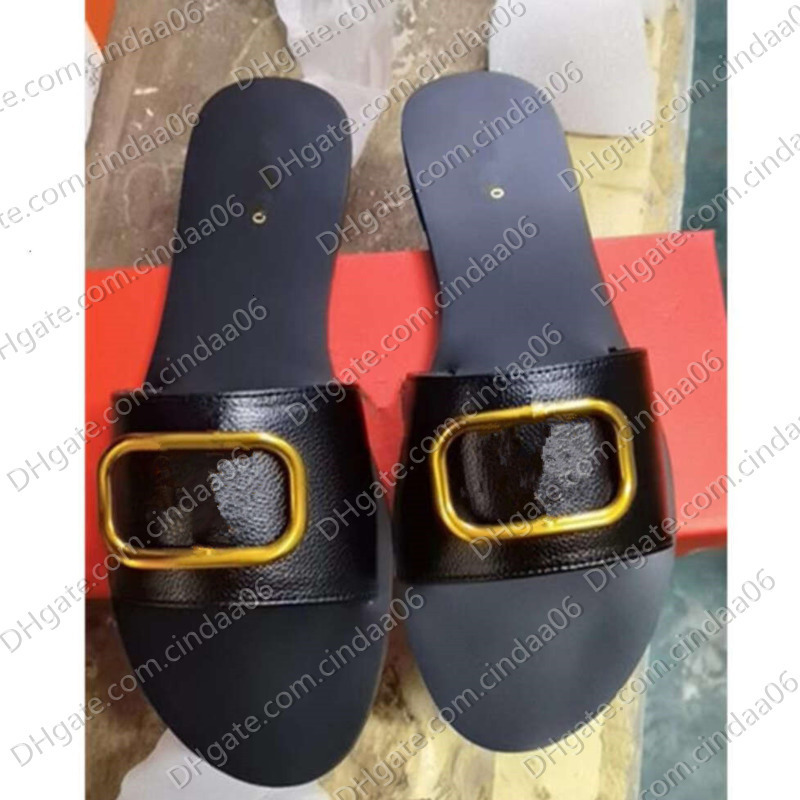 Designer Womens Slippers Summer New Flat Buckle Slides Women Sandals Fashion Versatile Litchi Pattern One-Strap Shoes