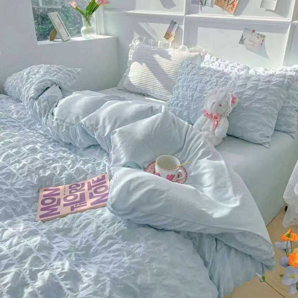 Princess Bedding French Style Wash Cotton Solid Color Seersucker Summer Soft 2024New Bed Sheet Comforter Set Y260124
