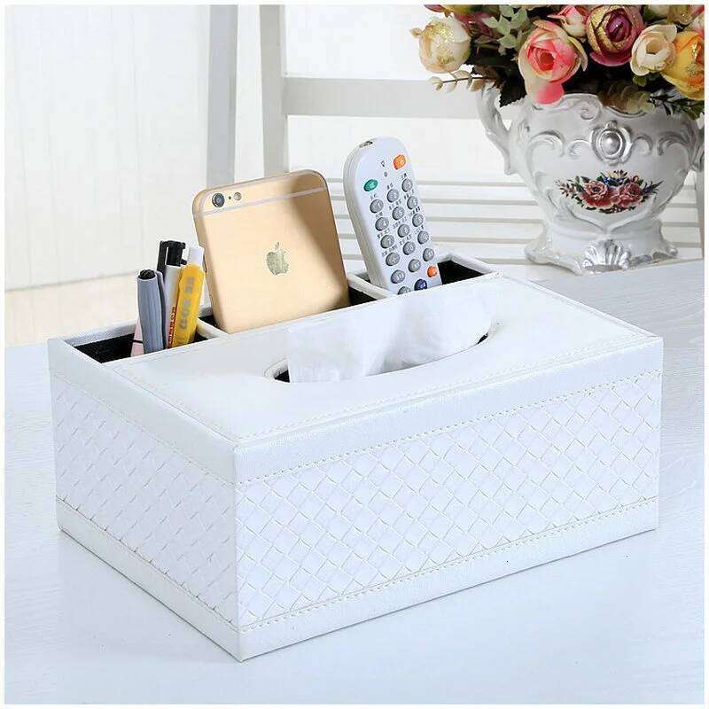 Leather Box PU Cover Desk Makeup Cosmetic Organizer Remote Controller Phone Home Office Tissue Paper Napkin Holder