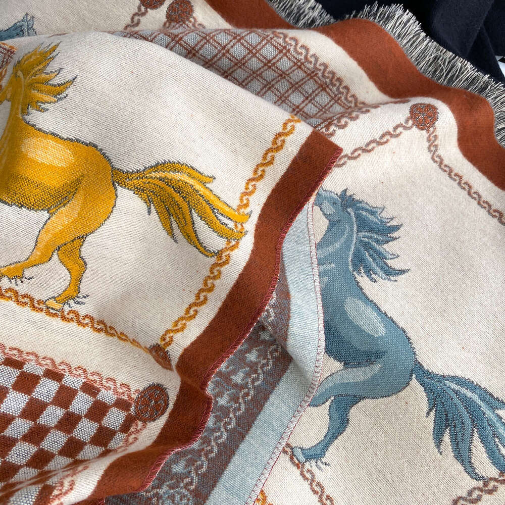 Vintage Horse Pattern Printed Fashion Imitation Cashmere Scarf Dual-use Double-sided Thickened Elegant Air-conditioning Shawl