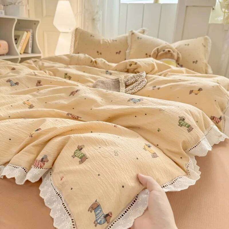 2025 new hollow lace wrinkled cotton four-piece household student dormitory three-piece set bed sheet quilt cover Y260124