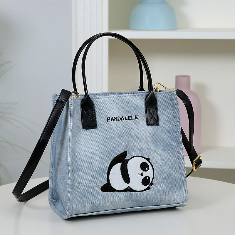 Cute Panda Embroidered Handheld Tote PU Leather Fashion Cartoon Shoulder Simple Versatile Commuter Crossbody Women's Bag