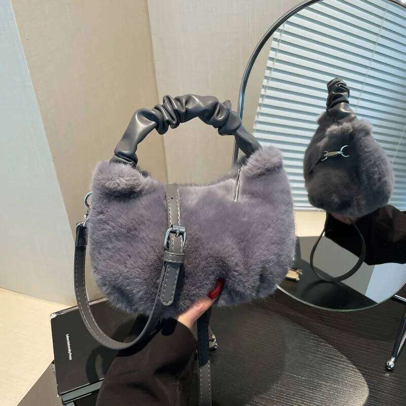 Women Plush Handbag Fashion Autumn Winter Crossbody BagTrendy Texture PU Folded Handheld Solid Single Shoulder Small Square Bag XJ260125
