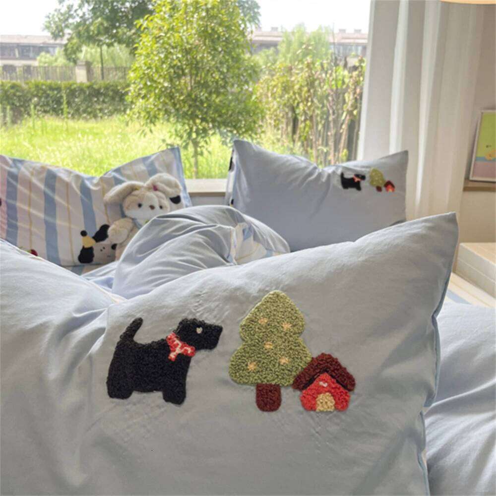 Cute Cartoon Towel Embroidery Bedding Duvet Pillowcase Washed Cotton Four-Piece Set Comfortable Quilt Cover Bed Sheet Y260124