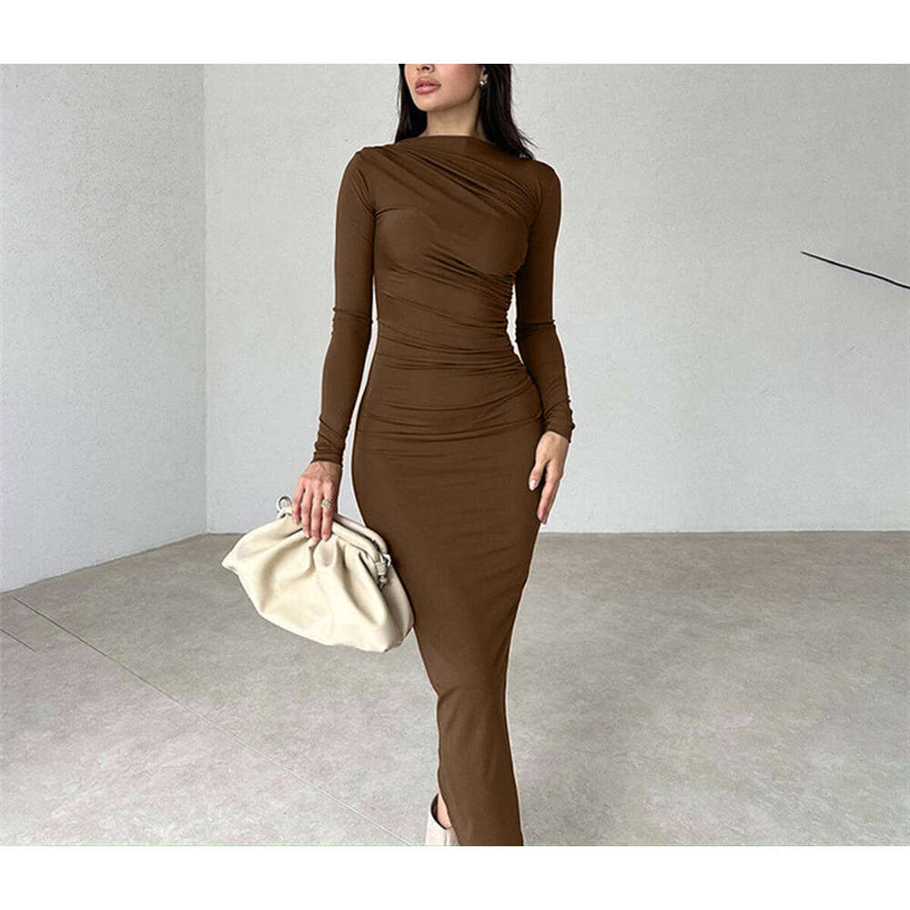 2025 Spring and Autumn New European and American Slimming High end Solid Color Elegant Long Women's Slimming Dress