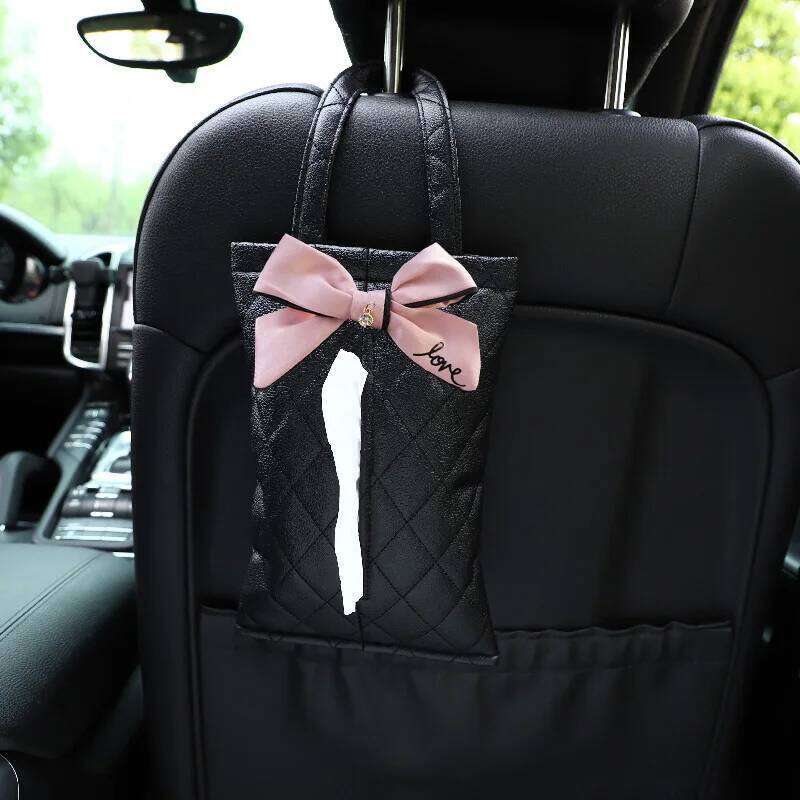 Leather Fashion Bowknot Boxes Cute Seat Back Tissue Organizer Car Decoration Auto Interior Storage Bag