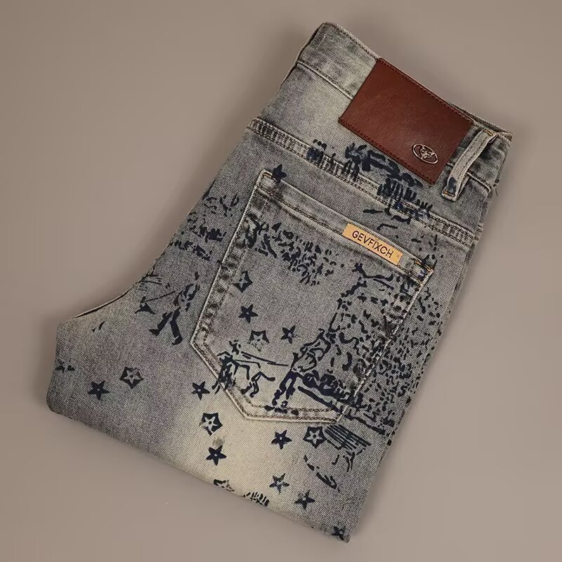 Designer Clothes European And American Trend Slim Fit Printed Jeans Autumn Winter New Retro Light Straight Casual Fashion Versatile Luxury Brand Long 