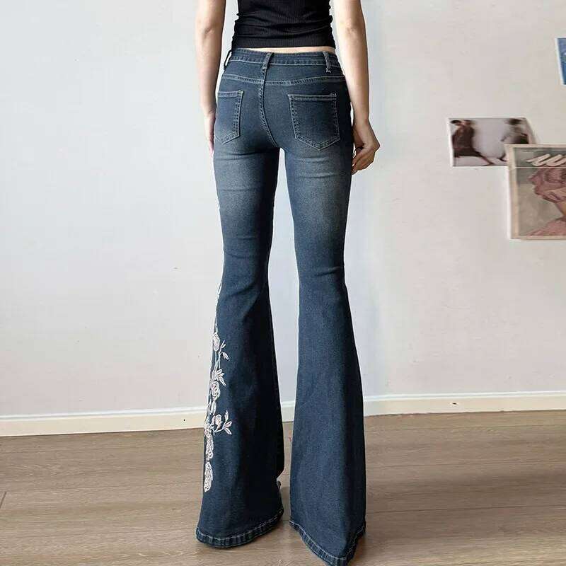Women Retro Y2k Baggy Floral Embroidery Jeans Vintage 2000s Low Rise Flared Denim Pants High Street Basic Trousers C260126 - view 7