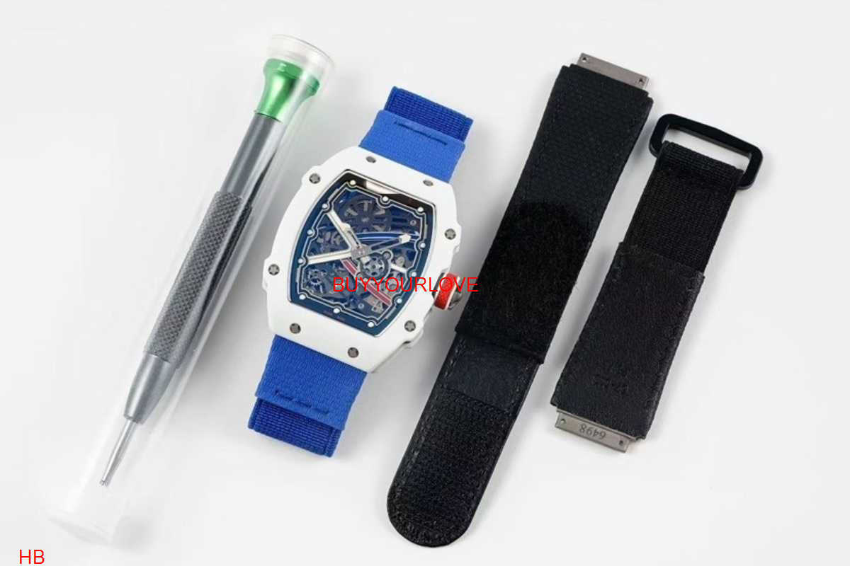 Luxury Watch Custom Men's R M 67-02 Automatic Mechanical Wristwatch Ultra-Thin 7.8mm White Carbon Fiber Case Skeleton Dial Elastic Strap Watch White Goodsf89