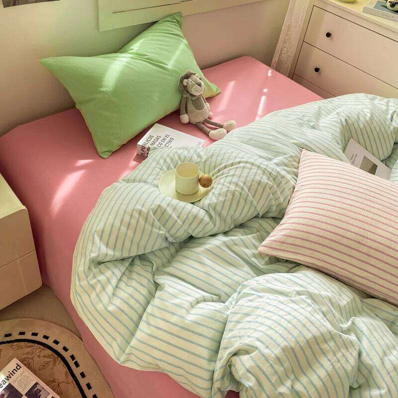 Striped Bedding Ins Korean Duvet Cover Flat Sheets With 2 Pillowcases Single Twin Full Queen Size Bed Linen Set Y260124
