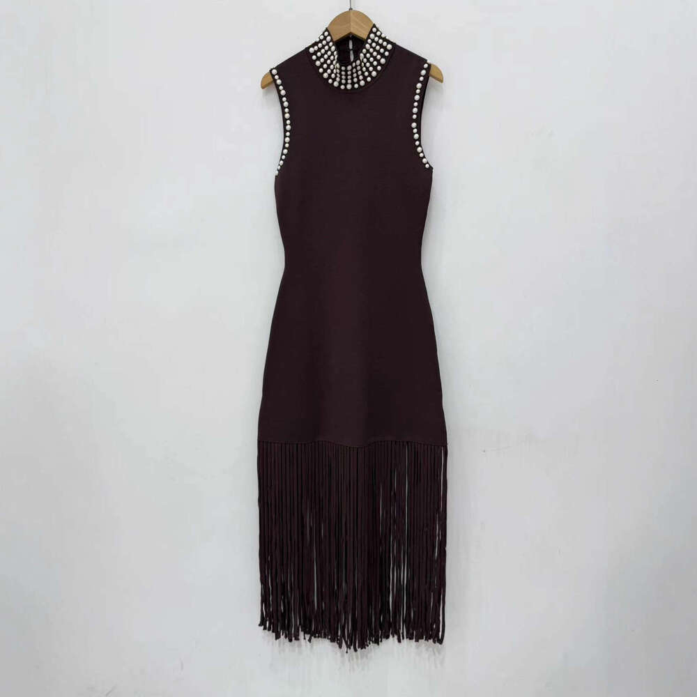 2026 autumn new designer high neck pearl rivet slim fit sleeveless tassel knit women's dress