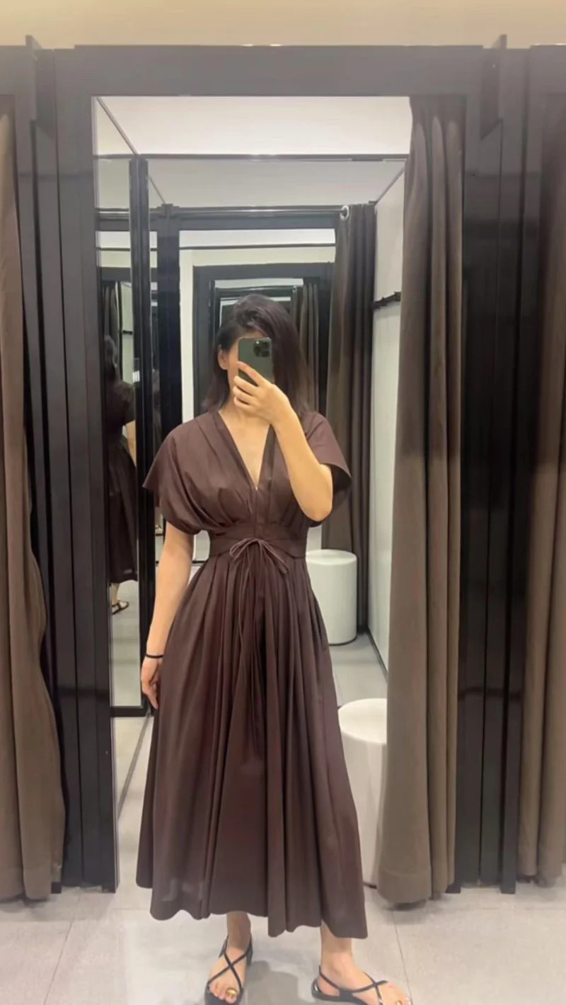 ETJ Summer 2025 womens elegant party dress Vintage Vneck fashion pleated laceup MIDI poplin 260120