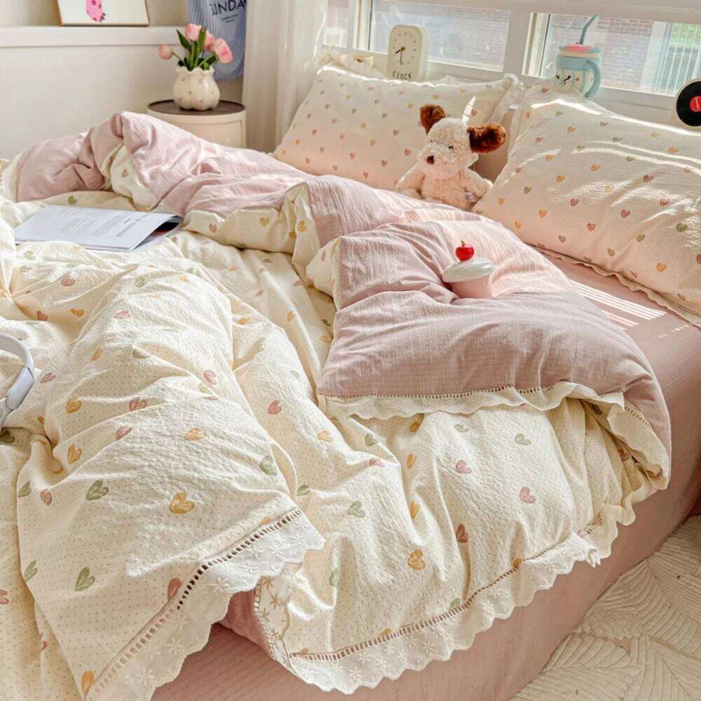 Print Floral Bedding Soft Double Layer Yarn Four Pieces Set Comfortable Duvet Cover Bed Sheet With Pillowcases Home Textiles Y260124