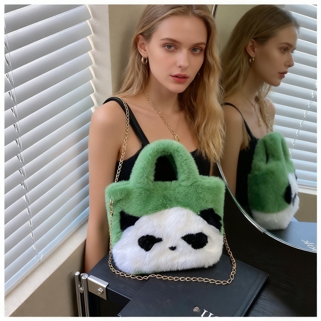 Panda Plush New Fluffy Bucket Cute Soft Face Large Capacity Handbag Shoulder Underarm Bag Crossbody