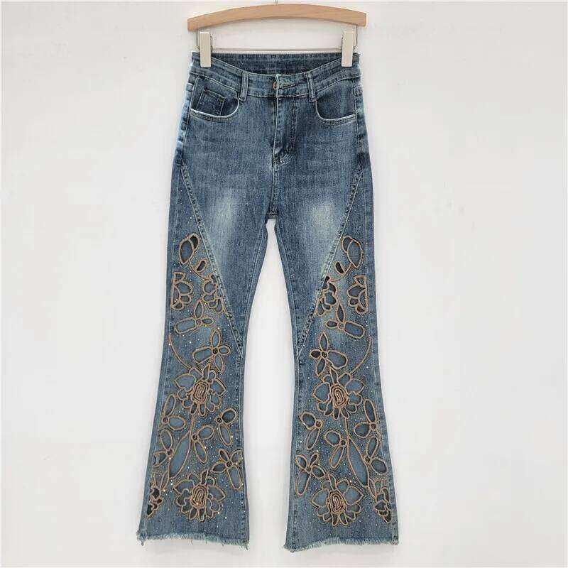 DEAT Women's Micro Flared Jeans High Waist Slim Hollow Out Diamonds Denim Ankle-Length Pants 2025 New Fashion Summer 29A1936 C260126 - view 4