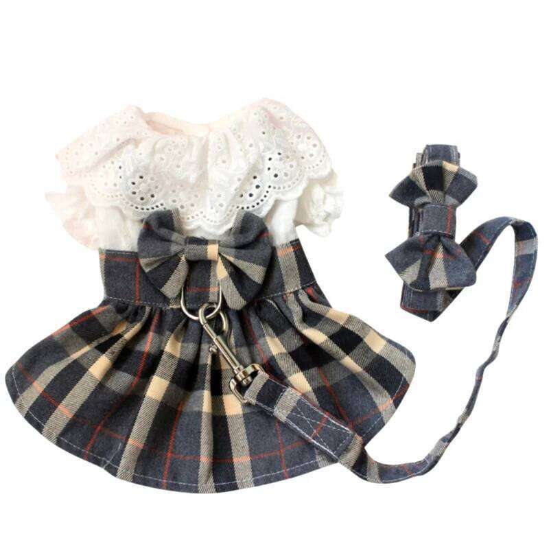 Lattice Summer Dogs and Leash Set Bowknot Teddy Bichon Dog Harness Vest Spring Cat Dress Chihuahua Pet Clothing C260126