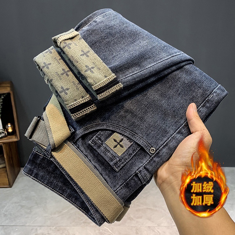 Designer Clothes 2025 Autumn Winter New Thickened Warm Lamb Wool Luxury Brand Jeans For Men Stretch Slim Fit Skinny Wear-Resistant Dirty Long Pants