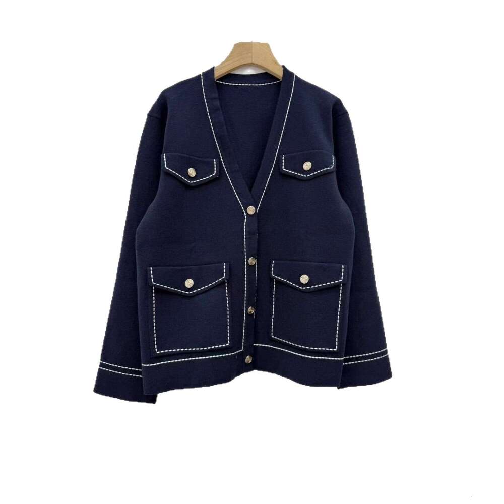 2026 French Elegant Early Autumn Social Style Color blocked V-neck Top with Deep Blue Knitted Cardigan Jacket