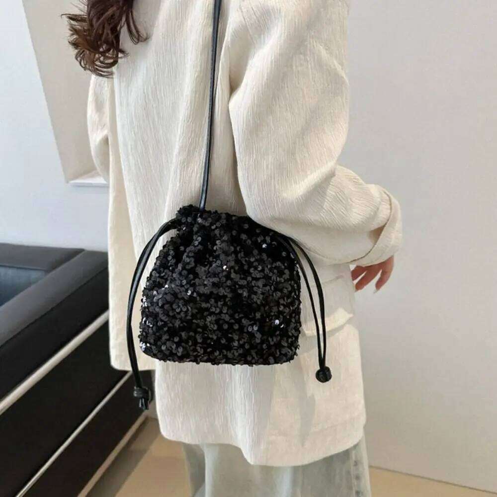 French Shiny Evening Banquet Korean Style Handbag Drawstring Crossbody Small Purse Sequin Shoulder Bag Wedding XJ260125
