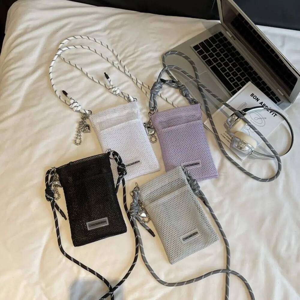 Sweet Korean Nylon Mesh Wallet Solid Color Hollow Shoulder Purse Bags Teenager Crossbody Mobile Phone Bag Outdoor XJ260125