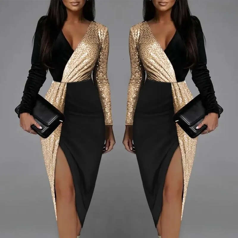 Casual women's dress sexy and elegant black luxury ball sequin cocktail party fashionable women's long sleeved V-neck tight dress
